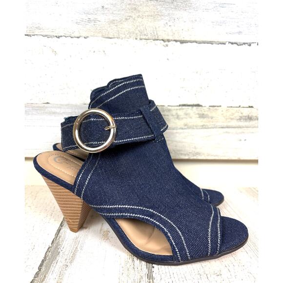 Cato Women’s 9 Blue Chambray Denim Peep Toe Heeled Buckle Sandal Ankle Boot - Picture 2 of 8